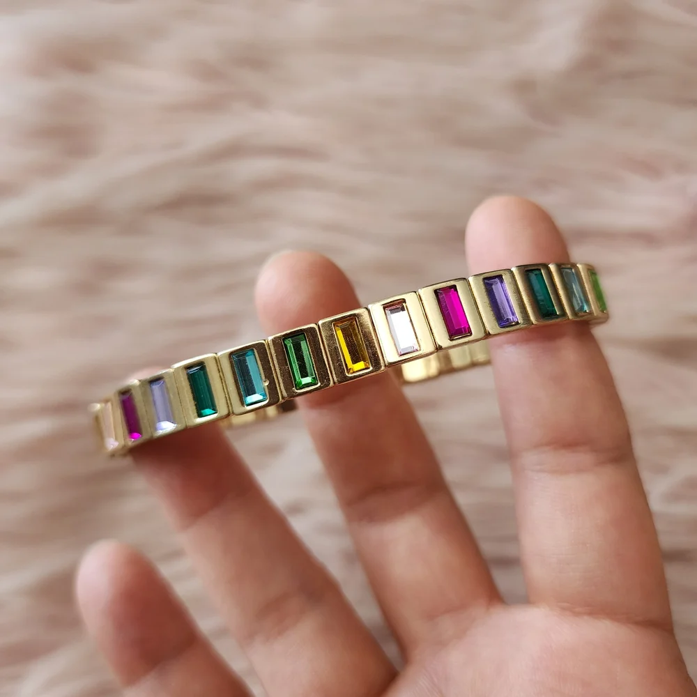 Vibrant Rainbow Rhinestone Bracelet Gold Tone Baguette Crystal Stretch Jewelry